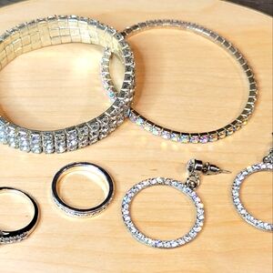 5 Piece Icy Rhinestone Costume Jewelry Bundle Earrings, 2 Bracelets, 2 Rings